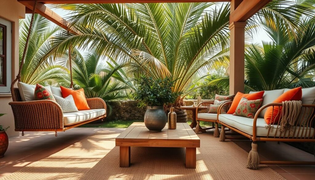 Bohemian outdoor furniture and natural textures in a cozy patio setting