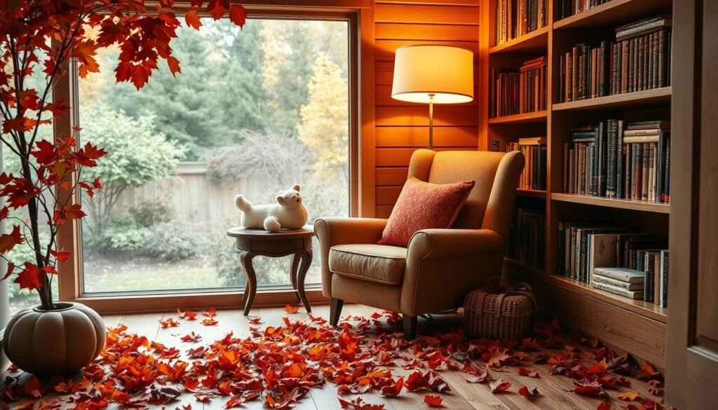 Comfortable reading space decor with autumn leaves