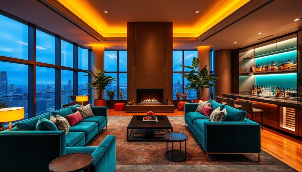 Luxurious penthouse decor with bold color schemes