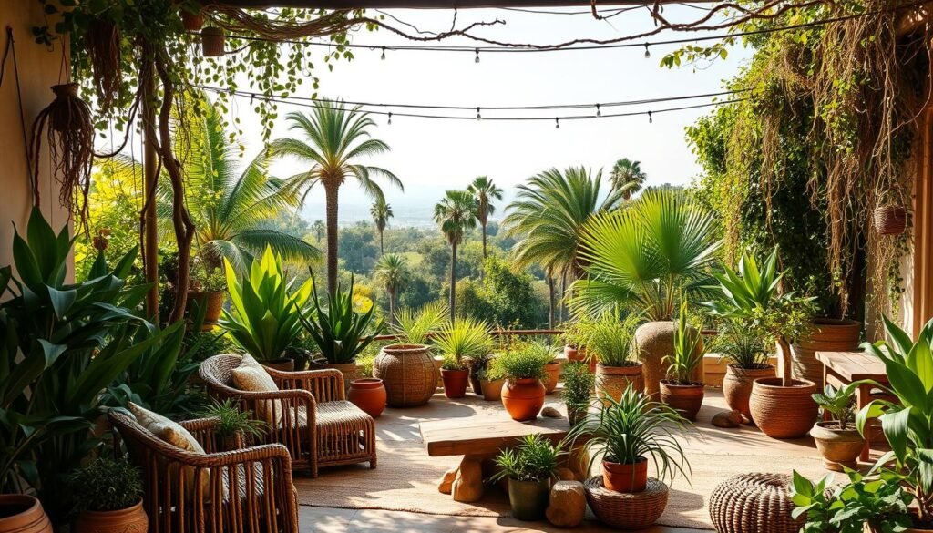 boho outdoor space with plants and natural textures