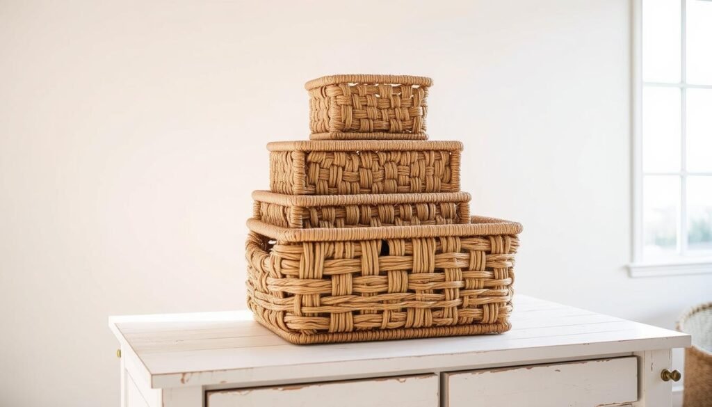 boho rattan storage boxes
