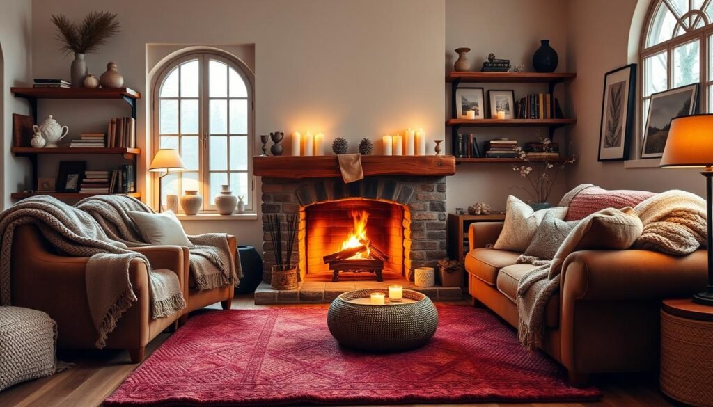 comfortable winter living room with scented candles and cozy decor