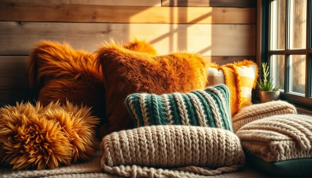 cozy autumn pillow arrangements with faux fur and chunky knits