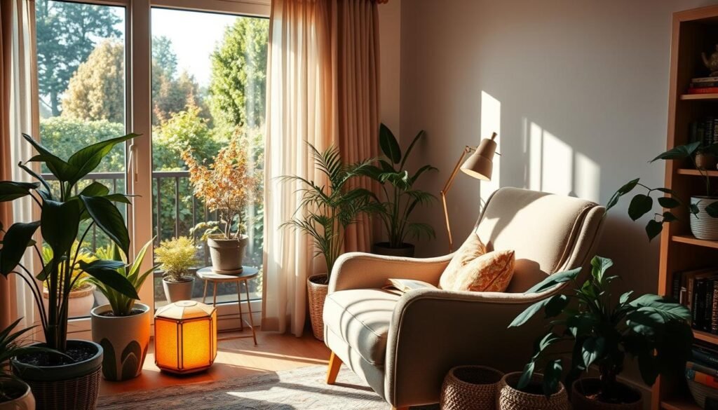 cozy reading nook with plants and wood accents