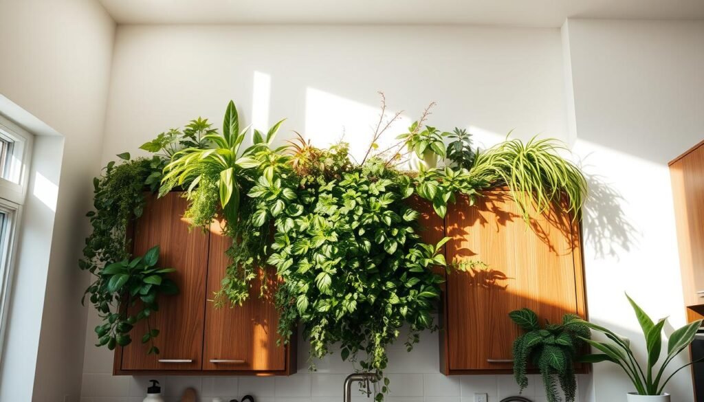 indoor plants above cabinets