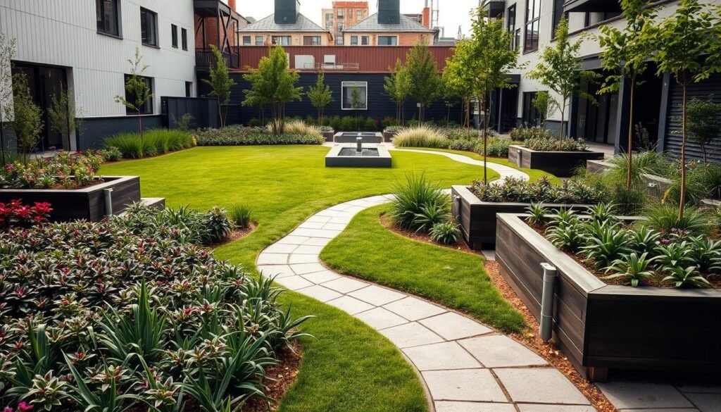 modern urban garden with hardscaping elements