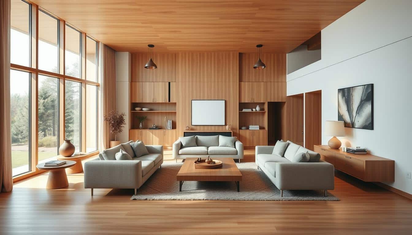 Use warm wood tones in flooring, cabinetry, and furniture