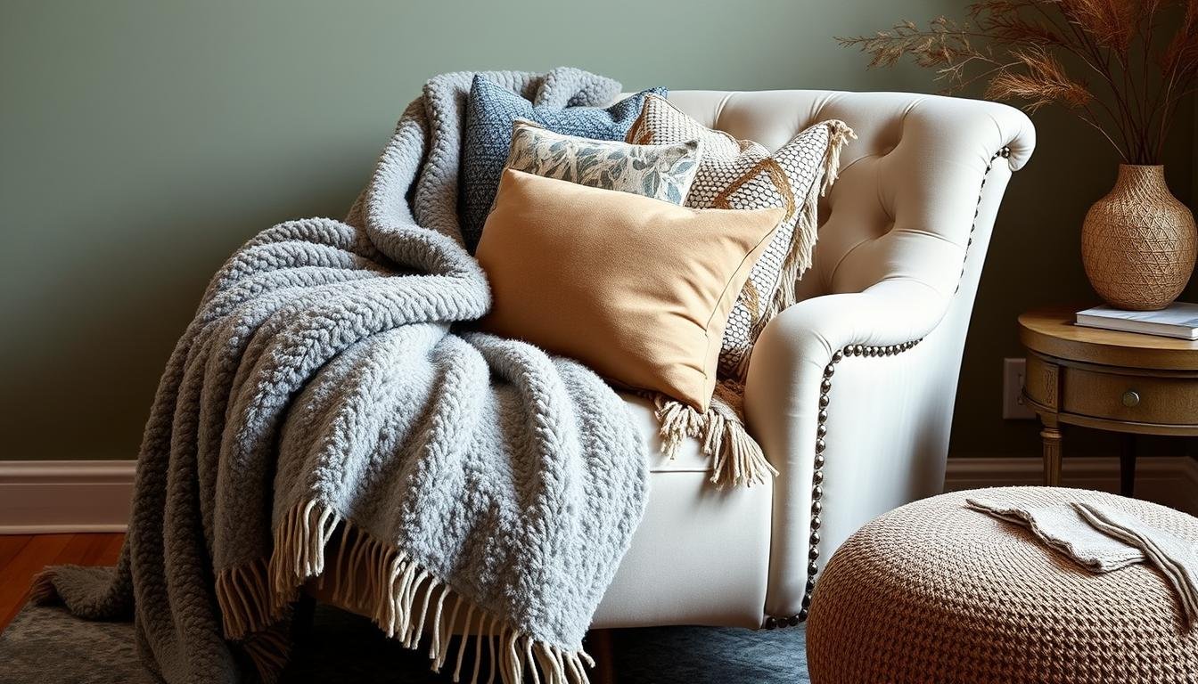 add depth with layers of throw blankets and decorative pillows