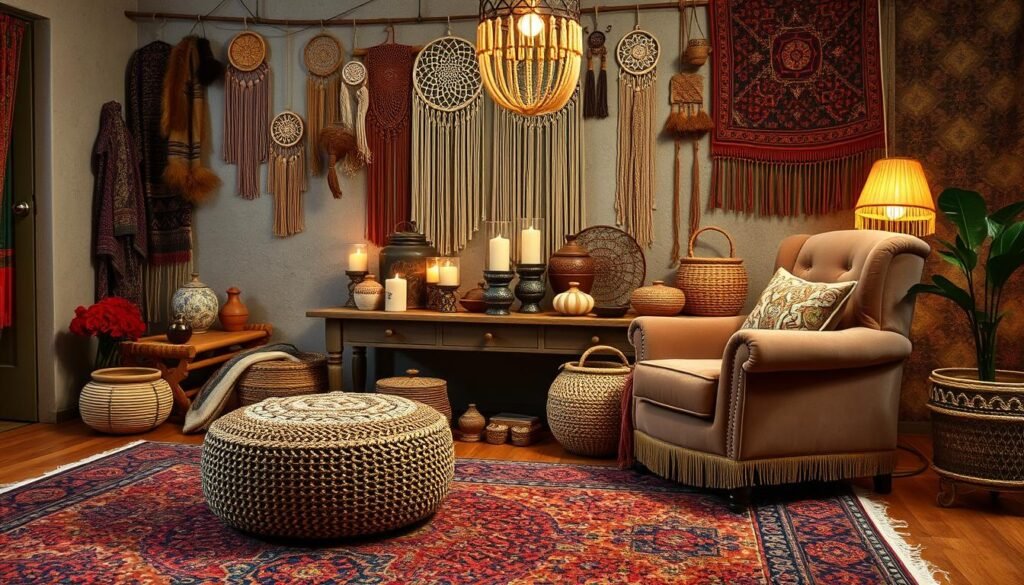 layered boho textiles and decor