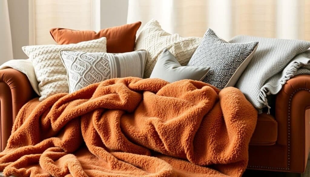 layered throw blankets and pillows