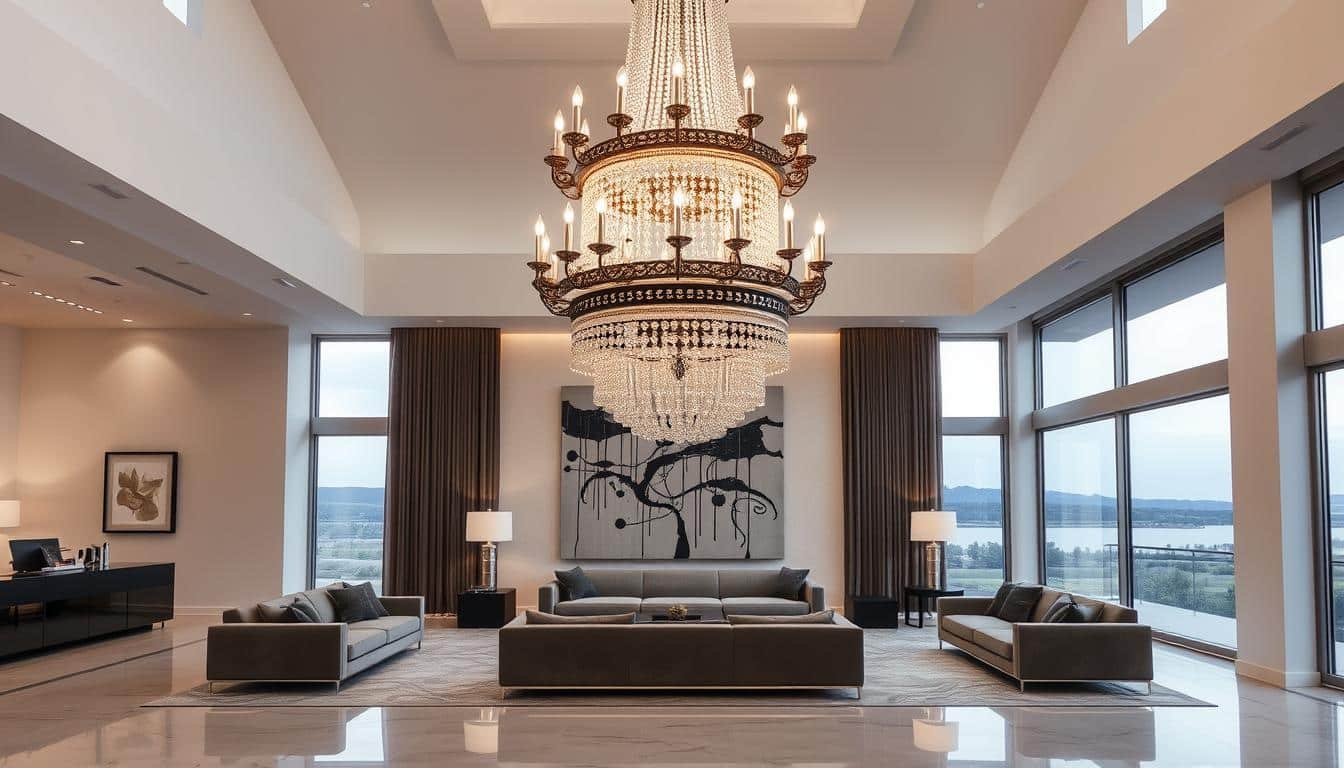 opt for statement pieces like a bold chandelier or oversized artwork