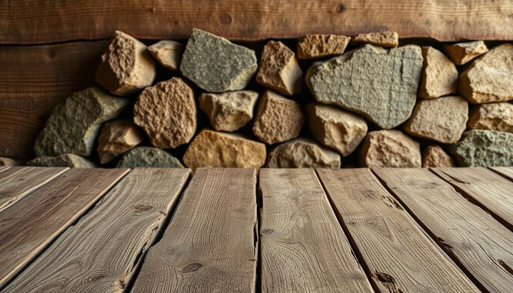 reclaimed wood and natural stone textures